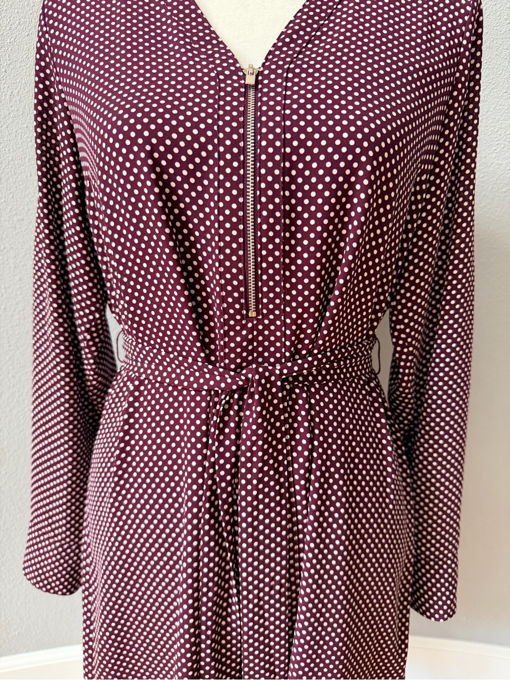 Express Lot of 2 Zip V-Neck Long Sleeve Polk Dot Shift Dresses Burgundy & Black - Picture 15 of 16